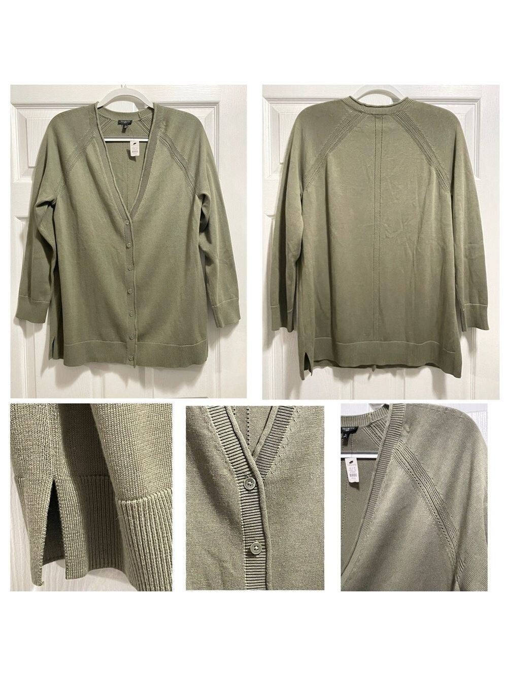 NWT Talbots Cardigan Relaxed Fit Button Front Slit Hem Olive Green Sz Large Pet